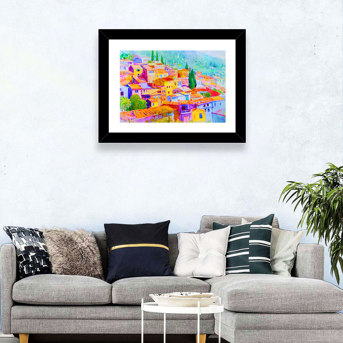 Mediterranean Hillside Watercolor Village Wall Art in a room, landscape