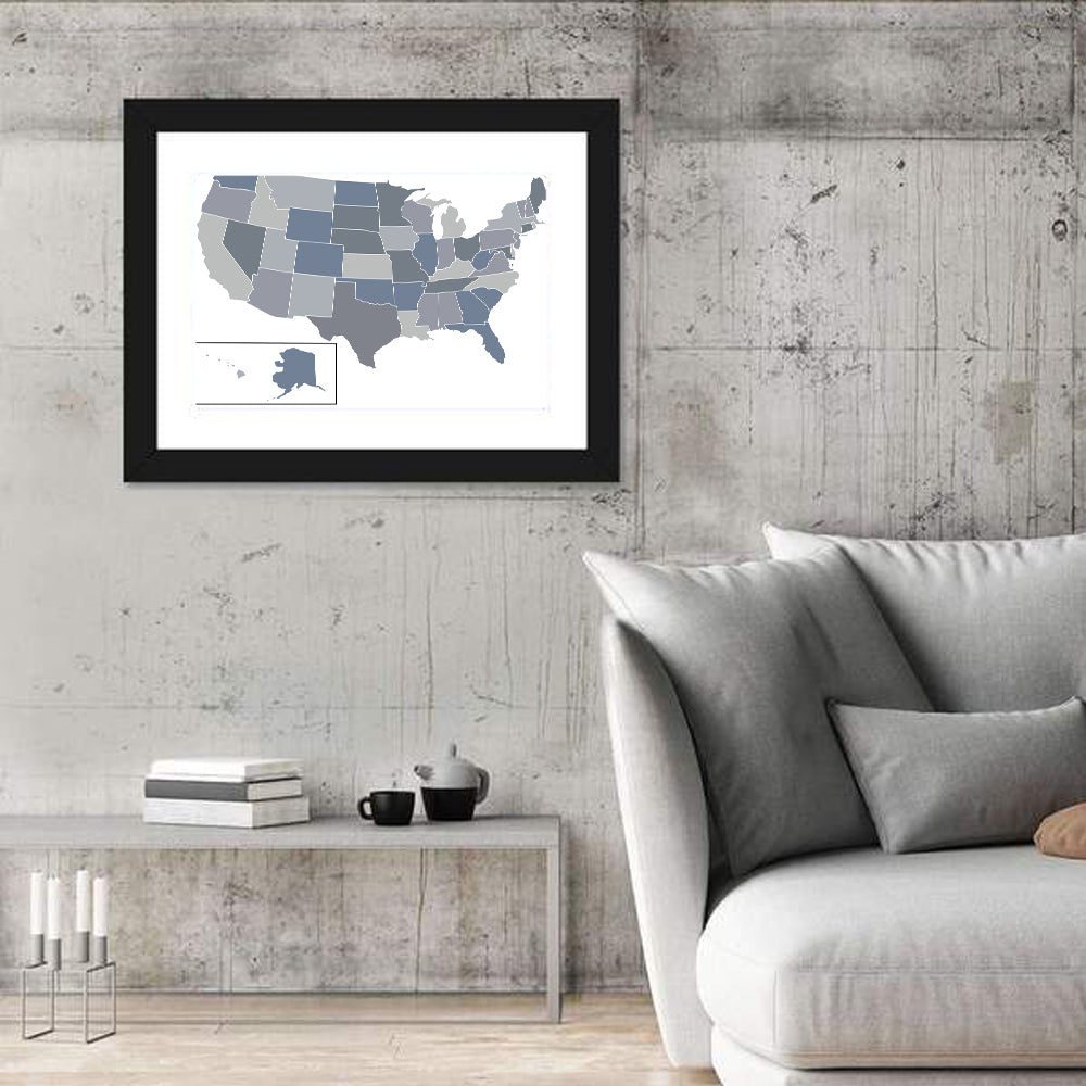 Minimalist USA Map in Blue and Grey Wall Art