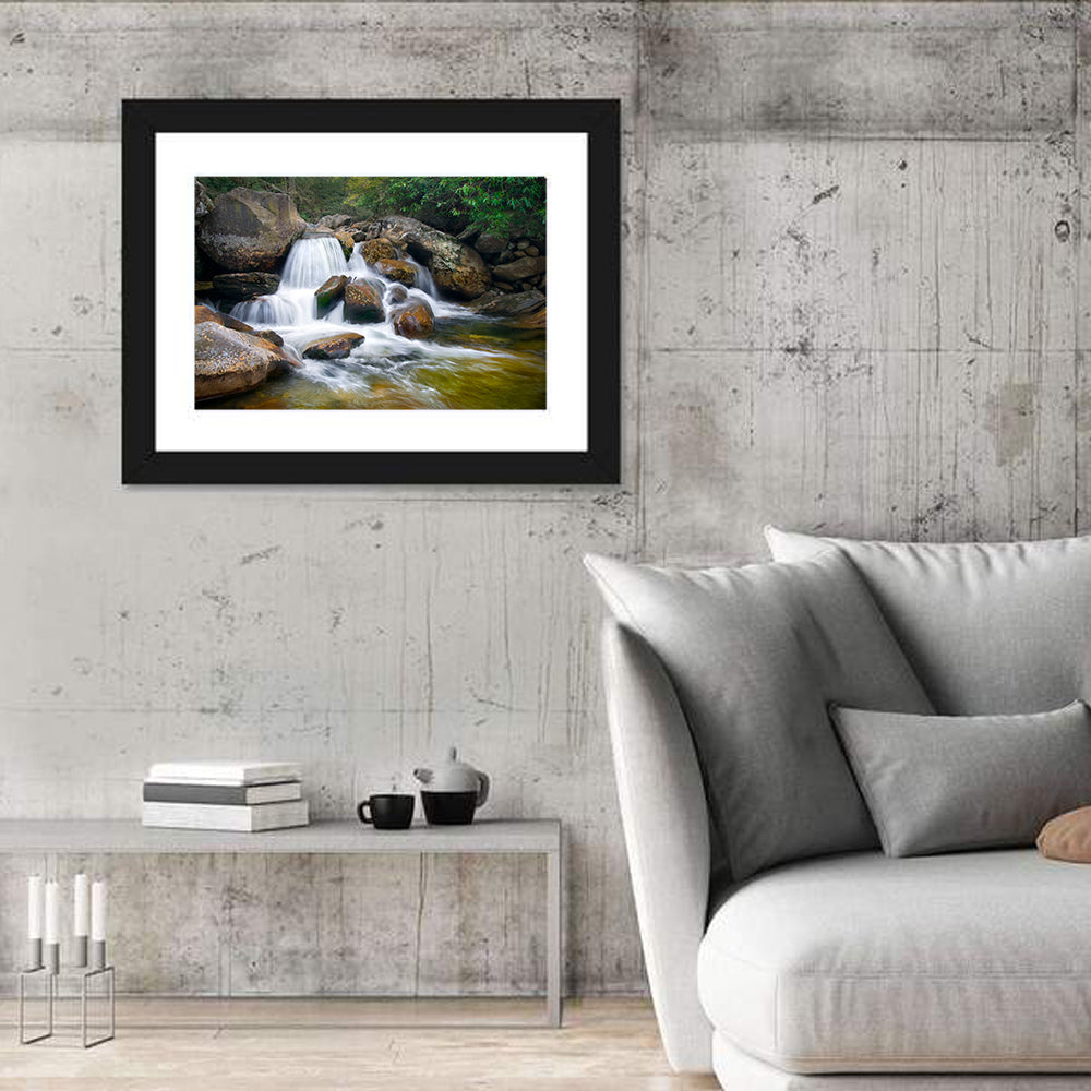 Blue Ridge Mossy Waterfall Wall Art in a room, landscape