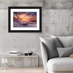 Snowy Forest Lake Sunset Wall Art