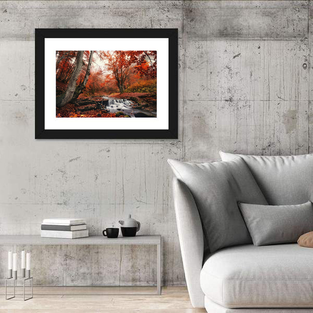 Autumn Forest Stream with Footbridge Wall Art in a room, landscape