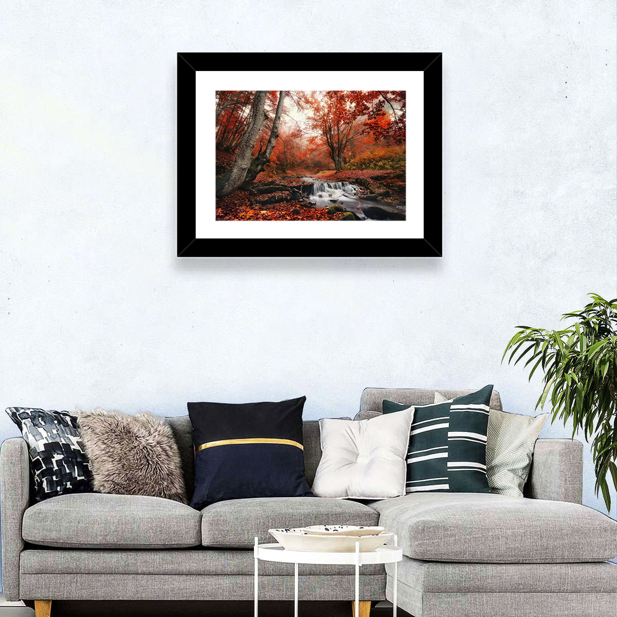 Autumn Forest Stream with Footbridge Wall Art