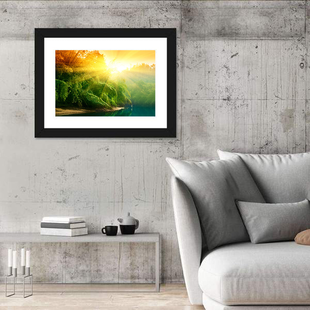 Golden Bamboo Riverbank Wall Art in a room, landscape