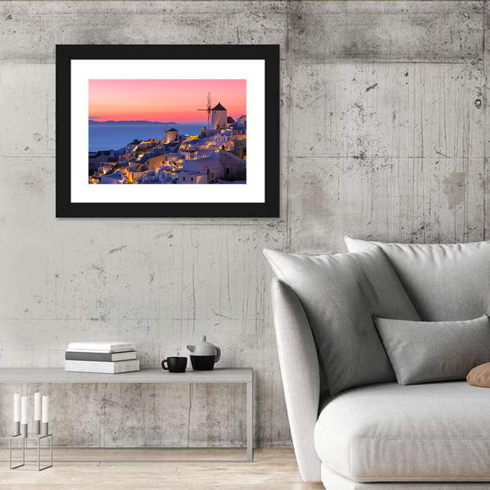 Oia Windmills at Dusk Wall Art in a room, landscape