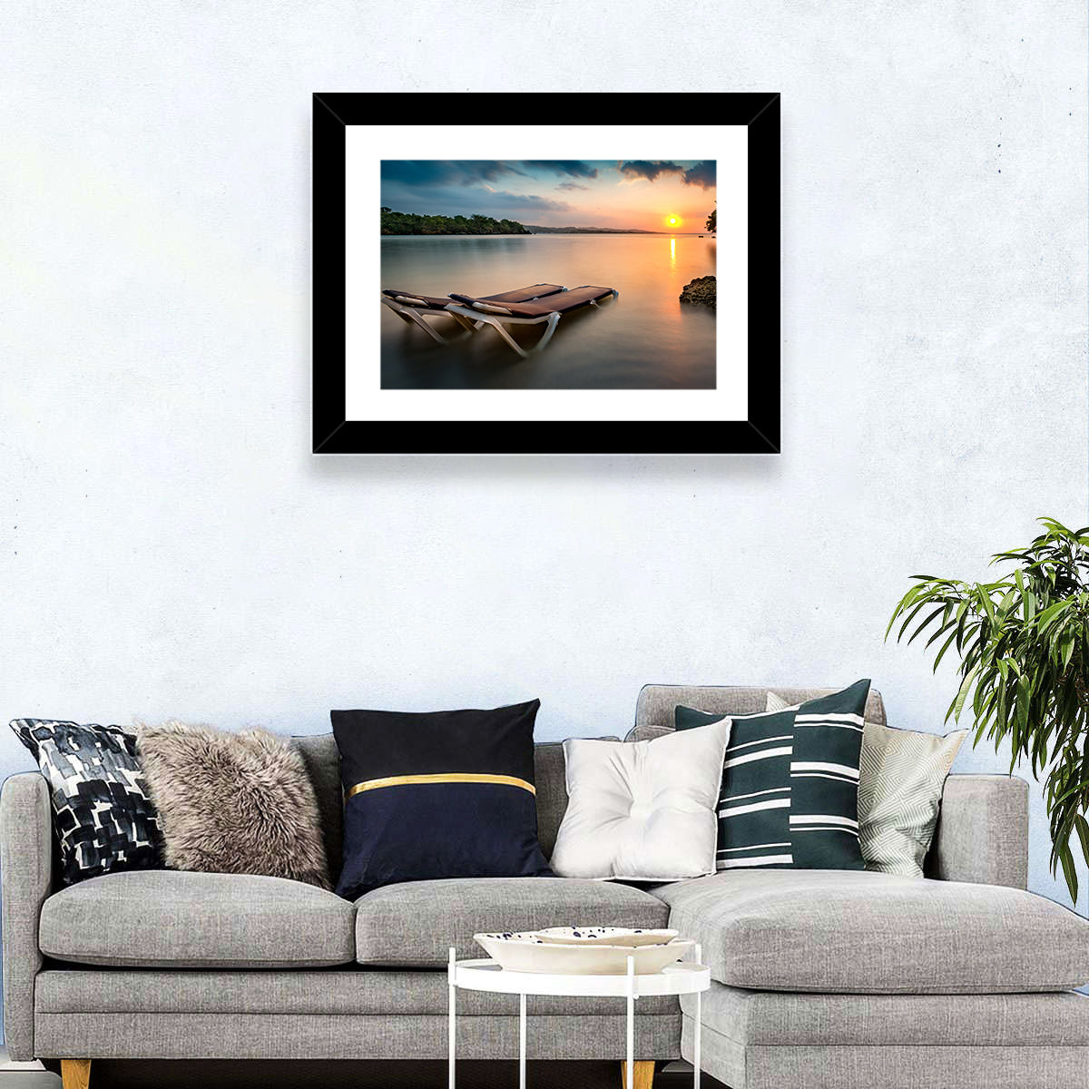 Sunset Over Coastal Lounge Chairs Wall Art in a room, landscape