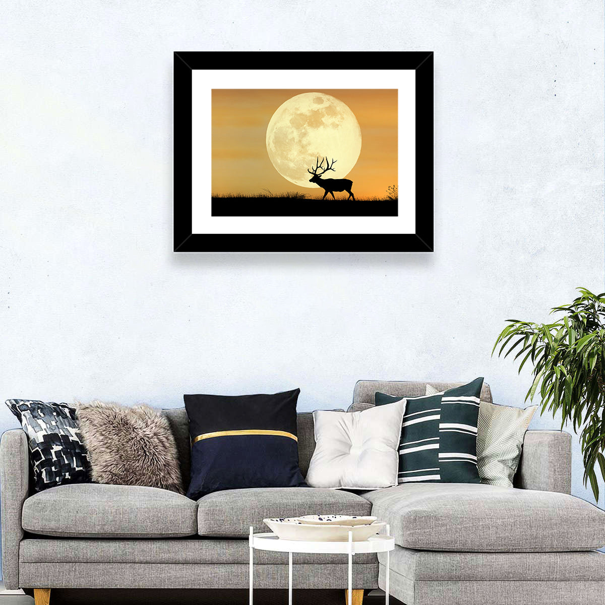 Bull Elk Silhouette Under Supermoon Wall Art