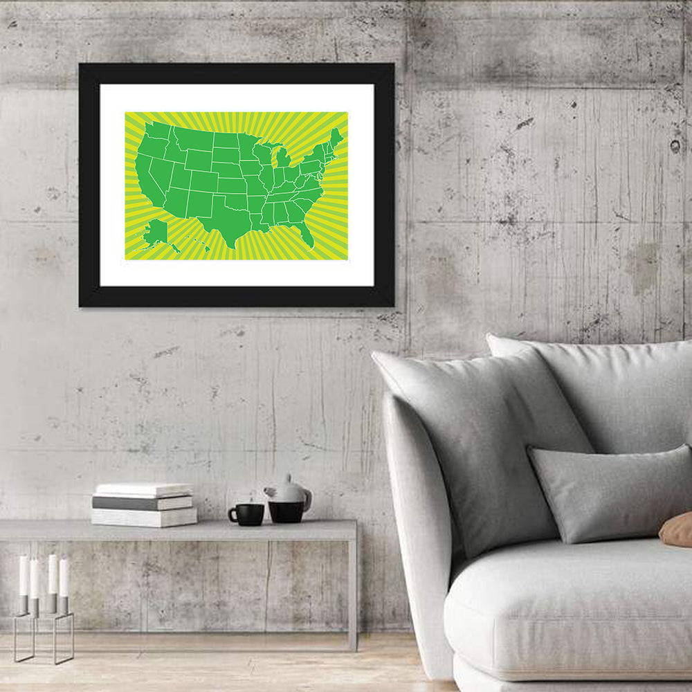 Green Sunburst USA Map Wall Art in a room, landscape
