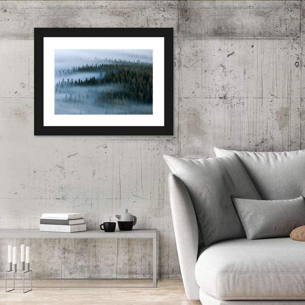 Morning Mist Over Pine Valley Wall Art in a room, landscape