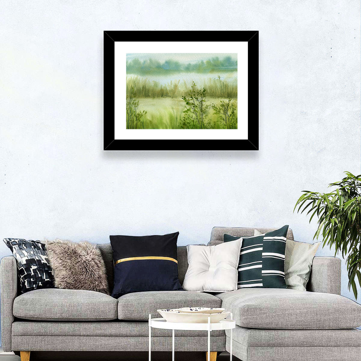 Misty River Meadow Watercolor Wall Art in a room, landscape