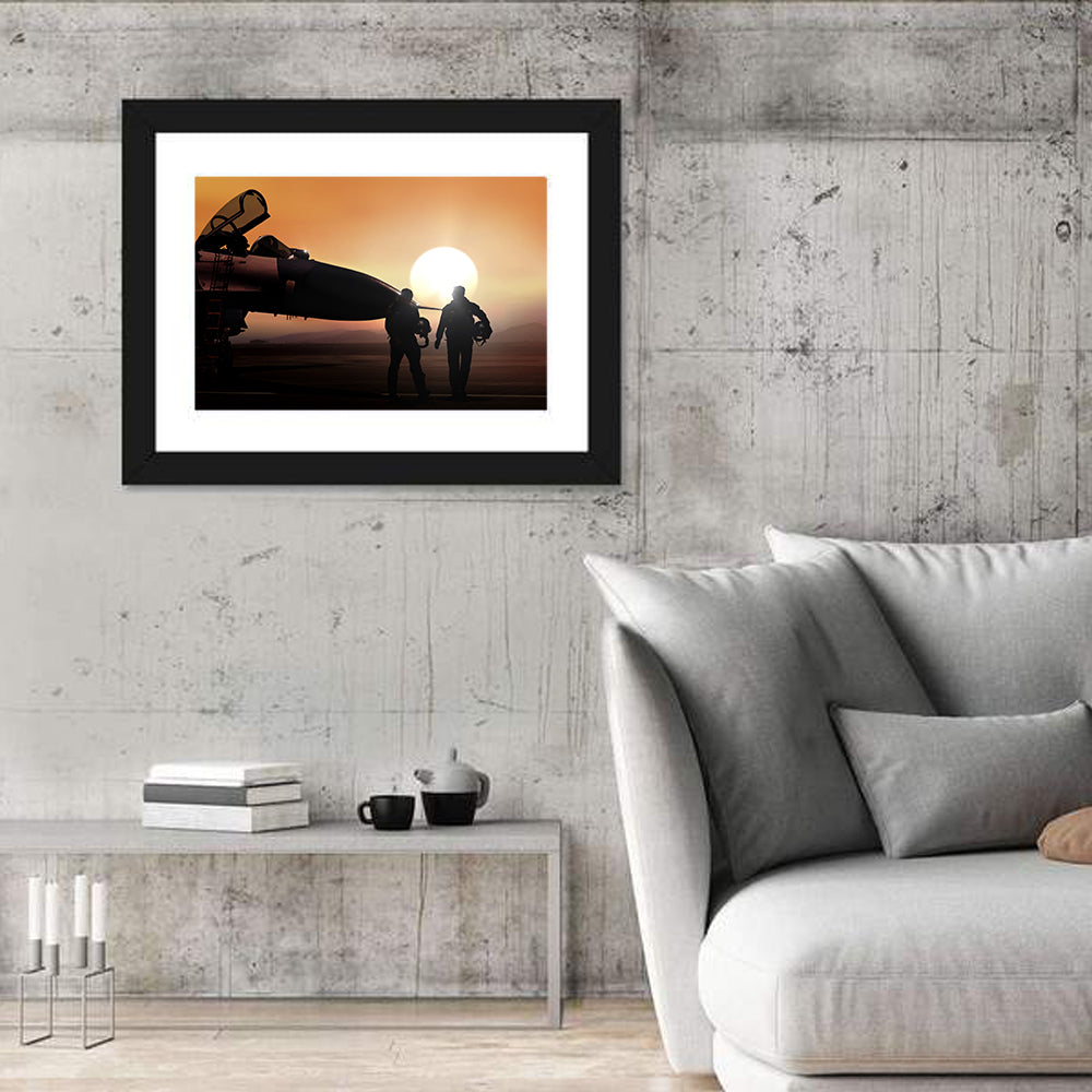 Pilots and Supersonic Jet at Sunset Wall Art