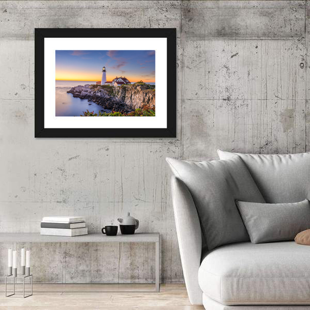 Portland Head Light at Dusk Wall Art in a room, landscape