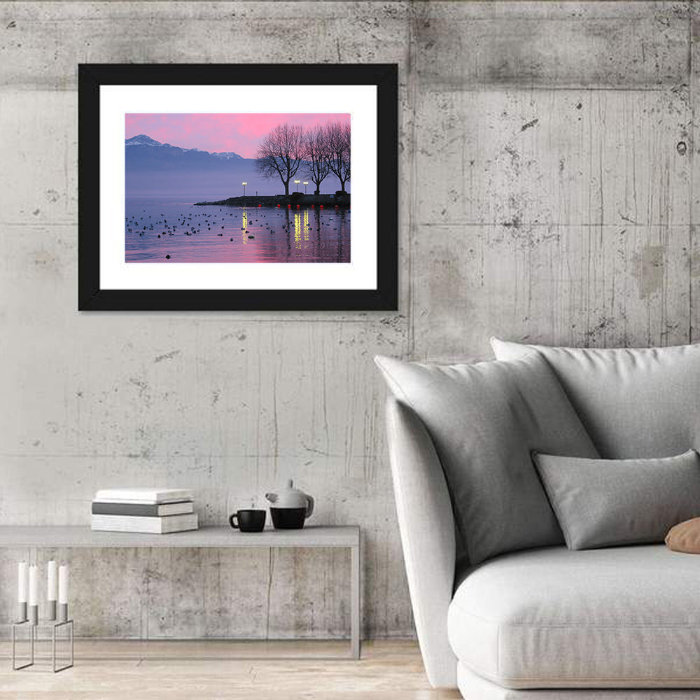 Lake Geneva Twilight Wall Art in a room, landscape