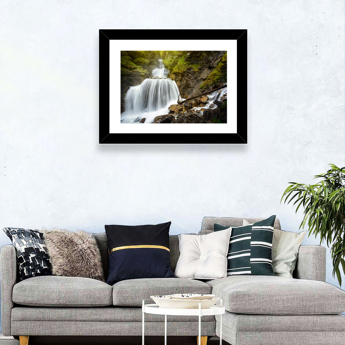 White Cascade Over Mossy Rocks Wall Art