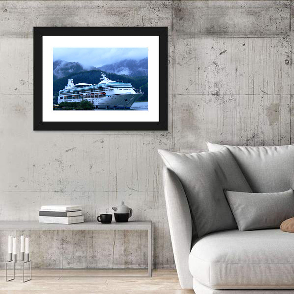 Misty Docked Cruise Ship Wall Art in a room, landscape