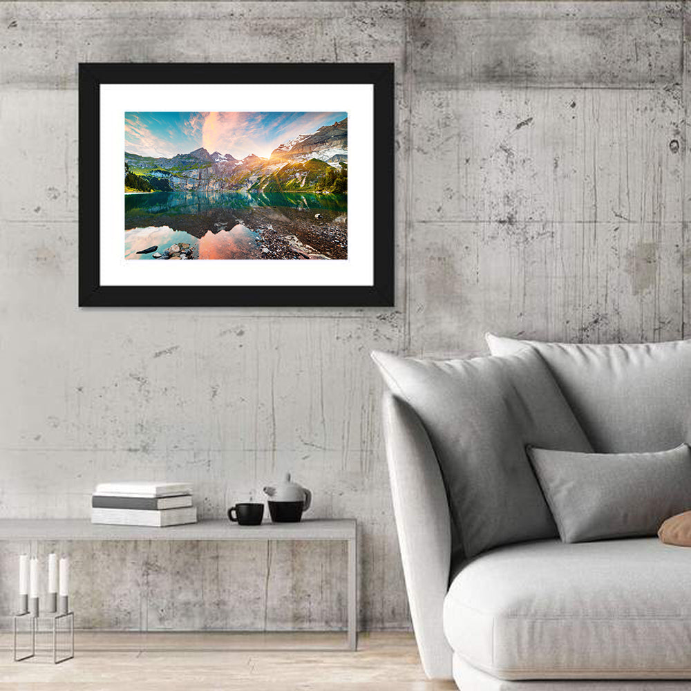 Oeschinensee Reflection Wall Art in a room, landscape