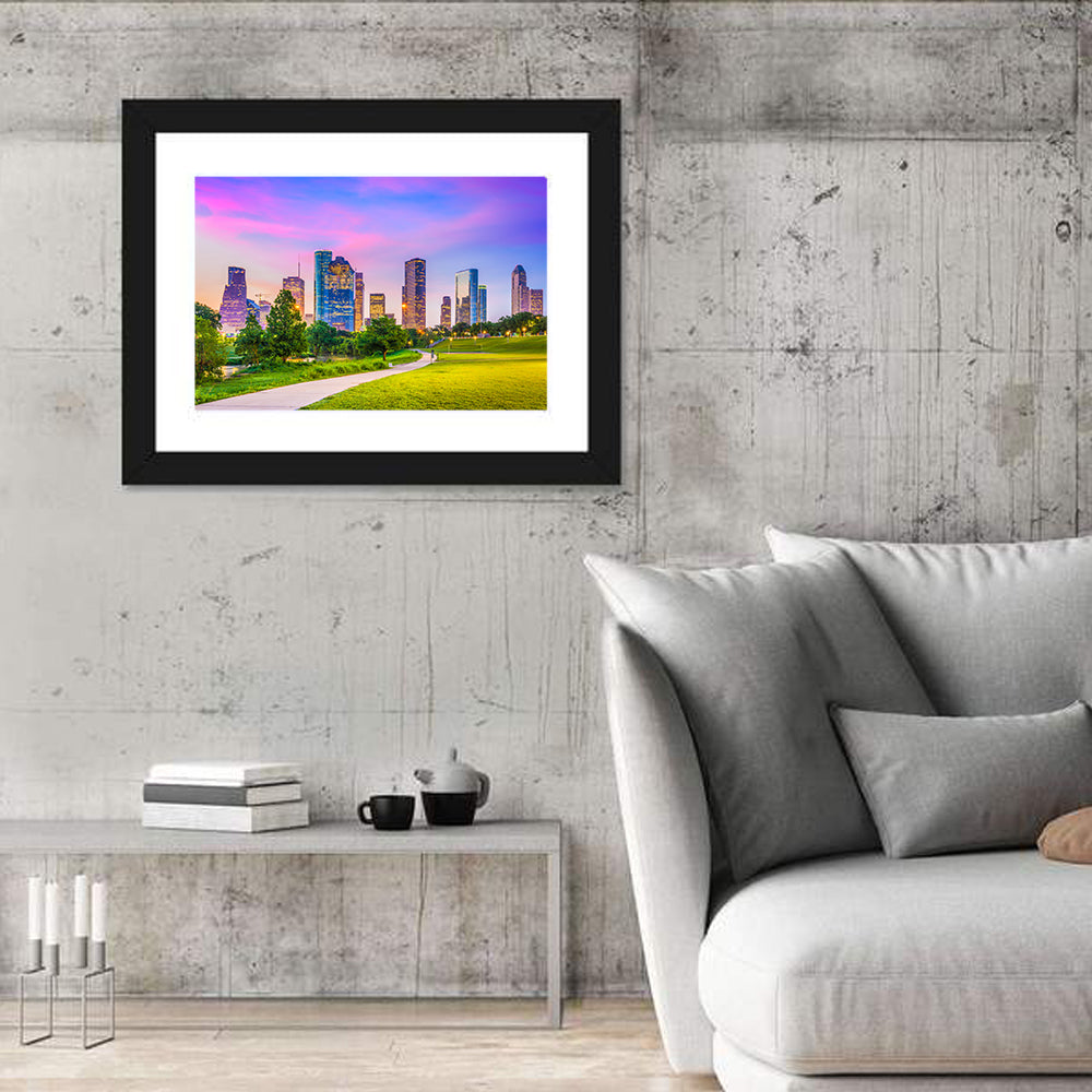Houston Skyline at Dusk Wall Art in a room, landscape