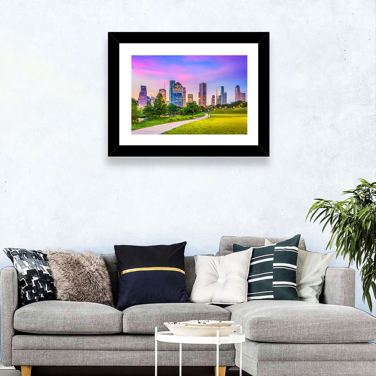 Houston Skyline at Dusk Wall Art in a room, landscape