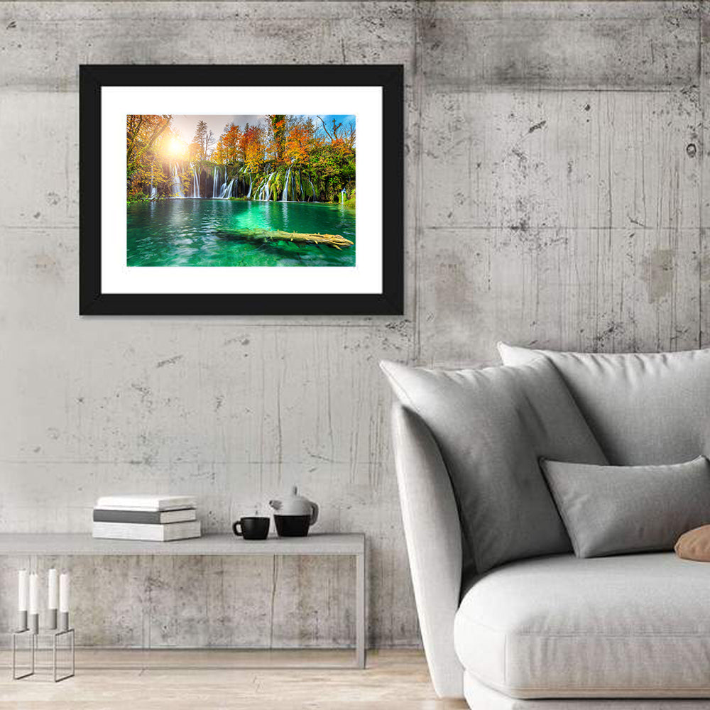 Autumn Waterfalls at Plitvice Lakes Wall Art in a room, landscape