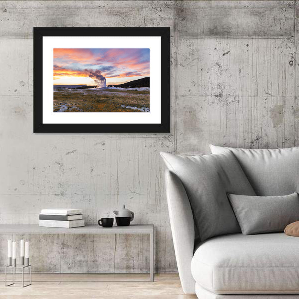 Old Faithful Erupting at Sunset Wall Art in a room, landscape