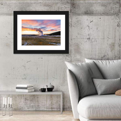 Old Faithful Erupting at Sunset Wall Art