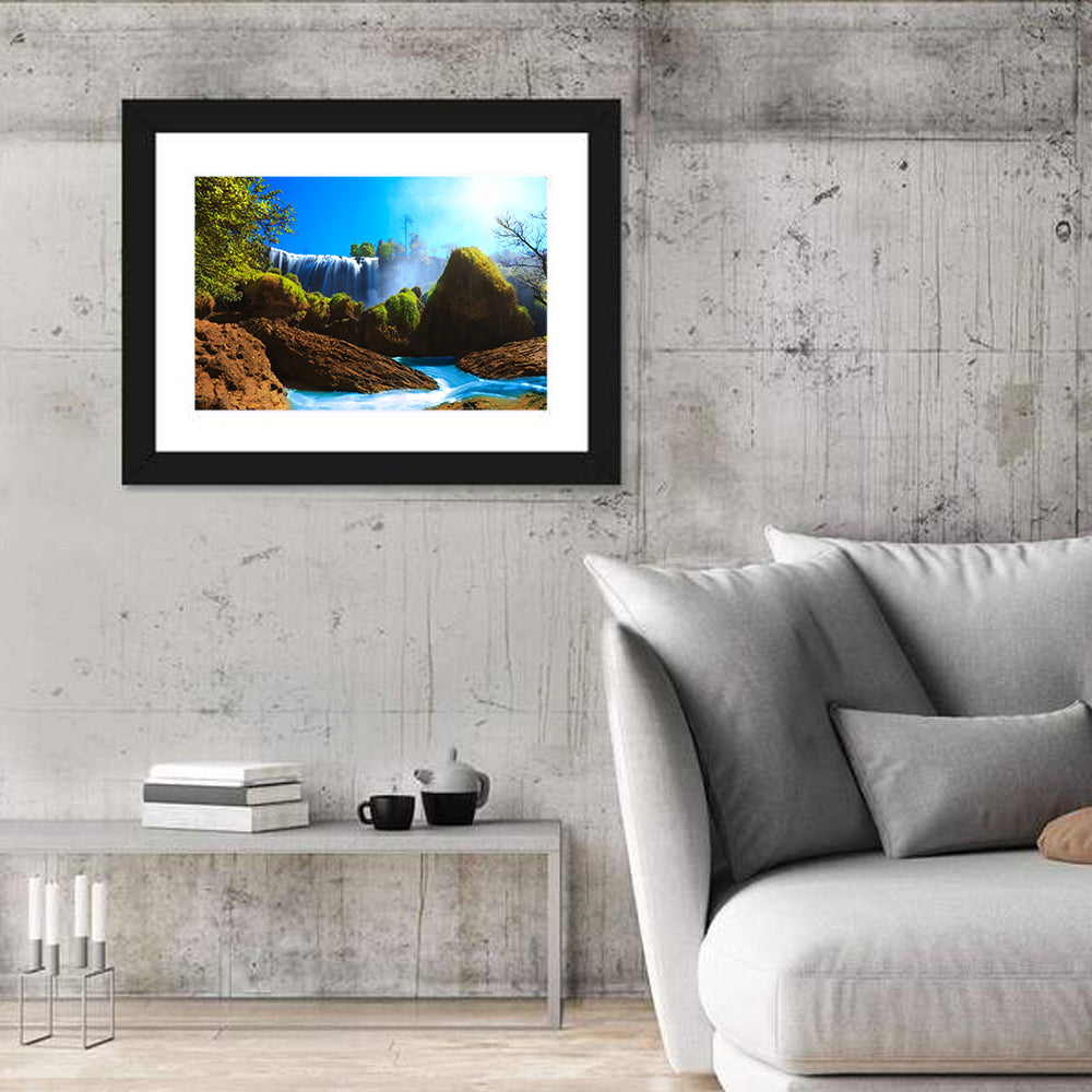 Sunlit Turquoise Waterfall Wall Art in a room, landscape