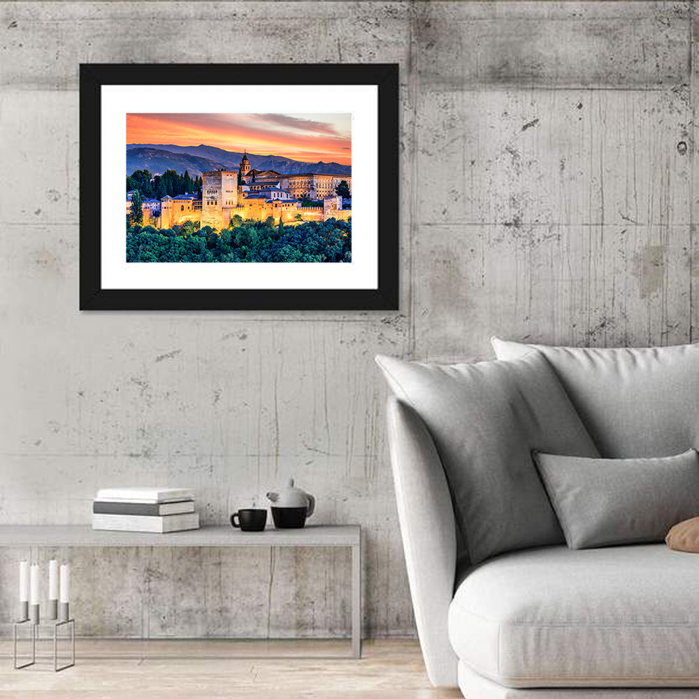 Alhambra Fortress at Golden Sunset Wall Art in a room, landscape