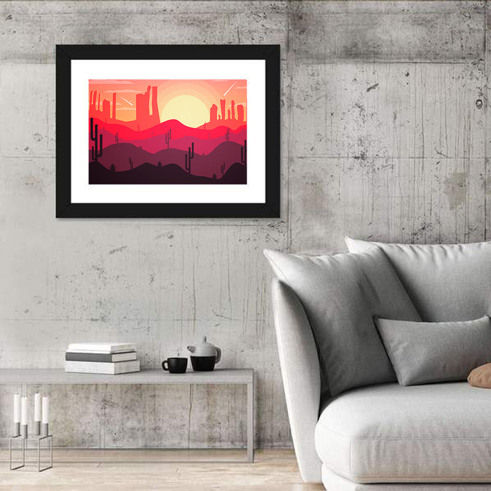 Sunset Desert Cacti Wall Art in a room, landscape