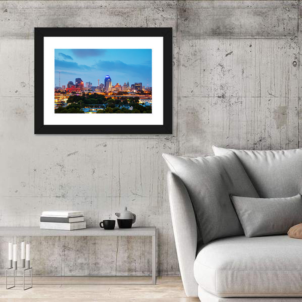 San Antonio Skyline at Dusk Wall Art in a room, landscape