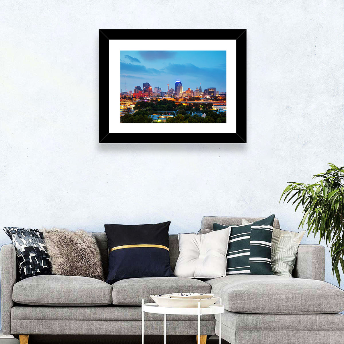 San Antonio Skyline at Dusk Wall Art in a room, landscape