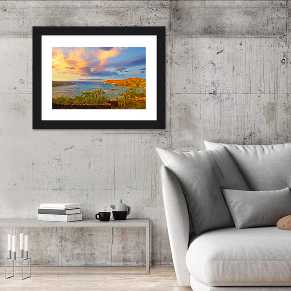 Hanauma Bay Golden Hour Wall Art in a room, landscape