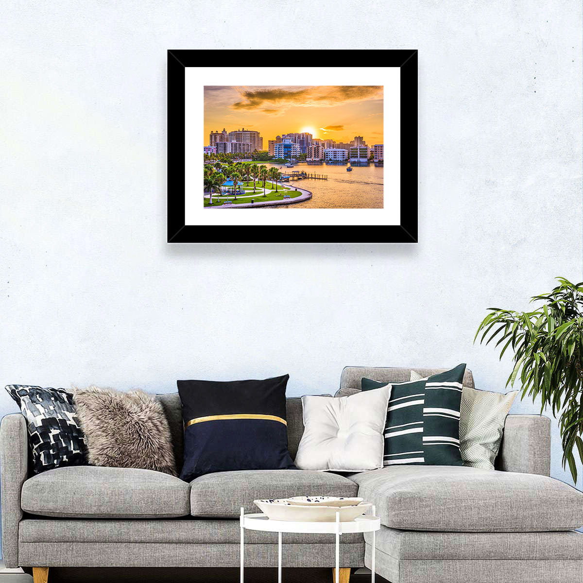 Sarasota Bayfront Sunset Skyline Wall Art in a room, landscape