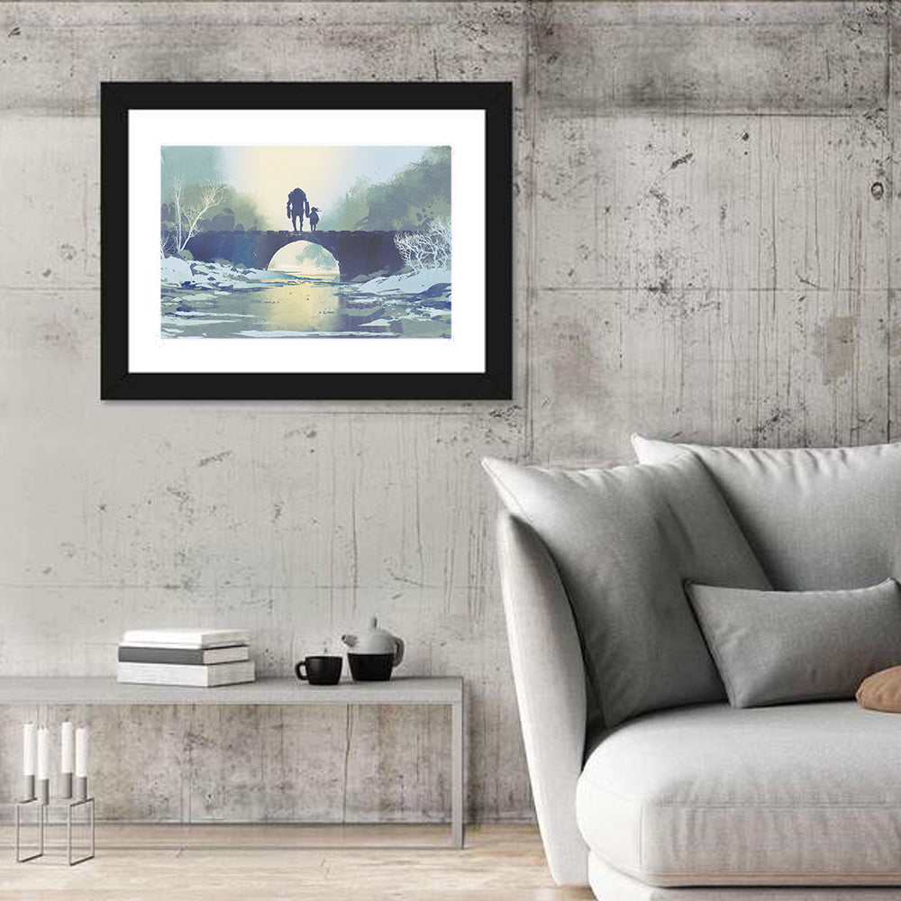 Robot and Little Girl on Bridge Wall Art in a room, landscape