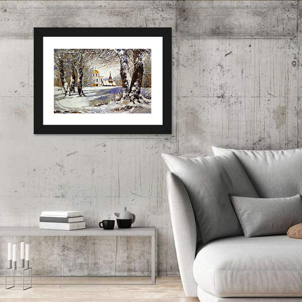 Winter Church with Gold Dome Wall Art in a room, landscape
