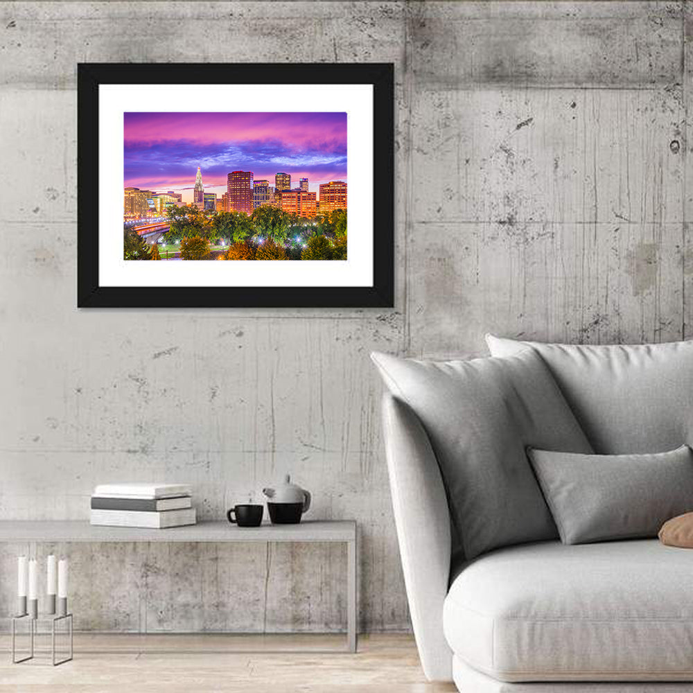 Hartford Skyline at Dusk Wall Art in a room, landscape