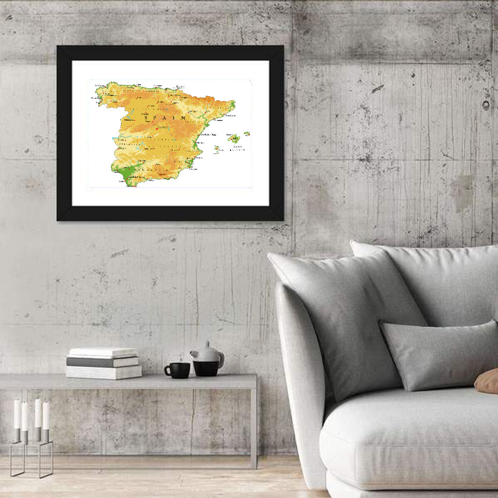 Spain Topographic Relief Map Wall Art in a room, landscape