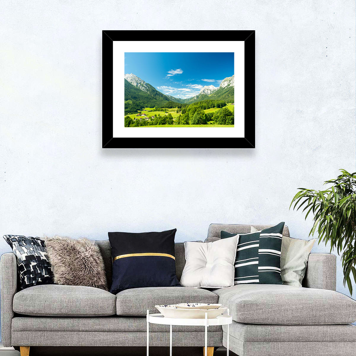 Bavarian Alpine Valley Wall Art in a room, landscape