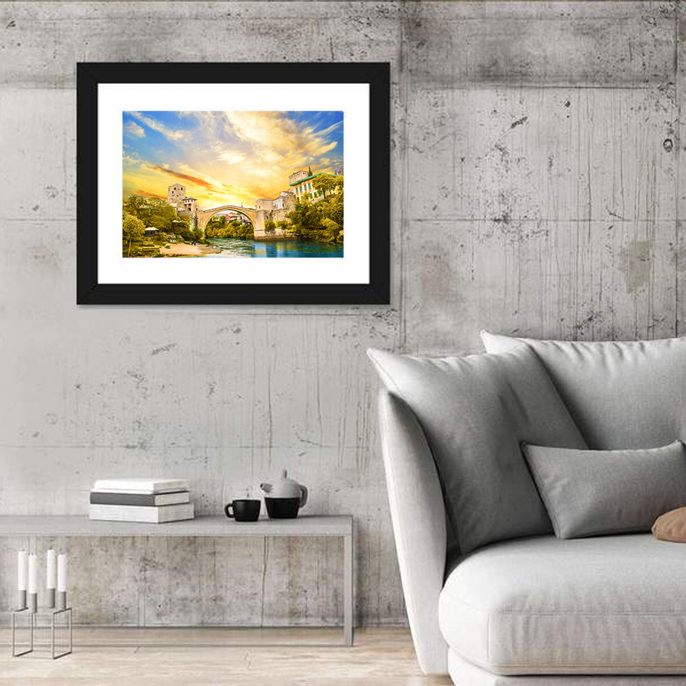 Stari Most at Sunset Wall Art in a room, landscape