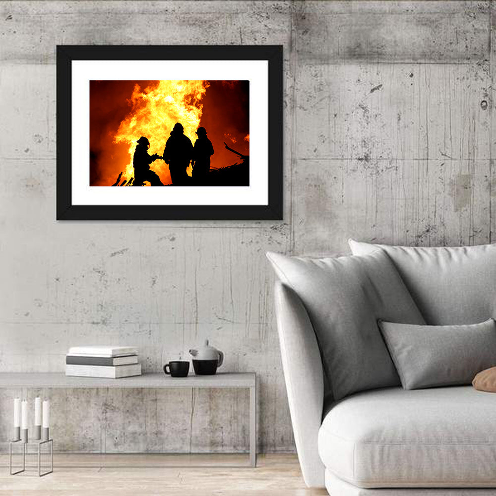 Firefighters Silhouetted Against Flames Wall Art