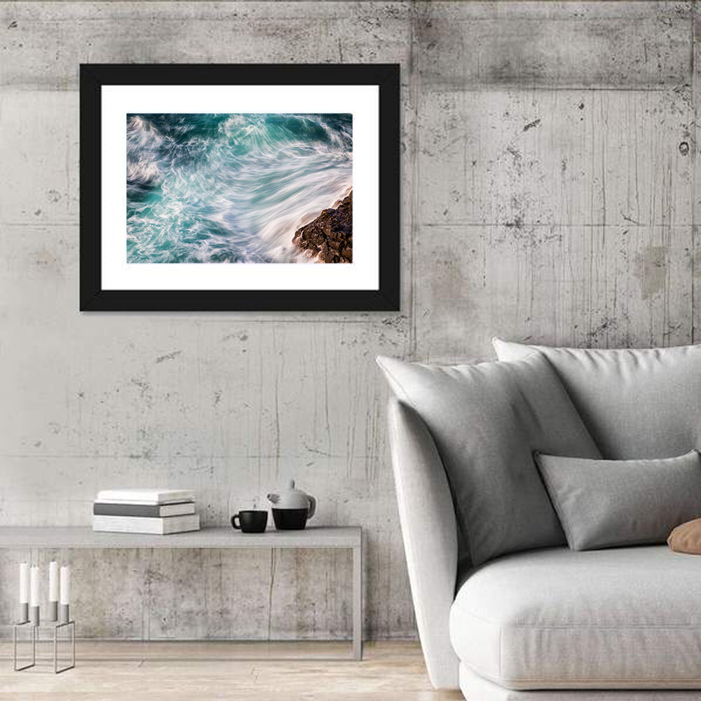 Silky Teal Ocean Waves Wall Art in a room, landscape