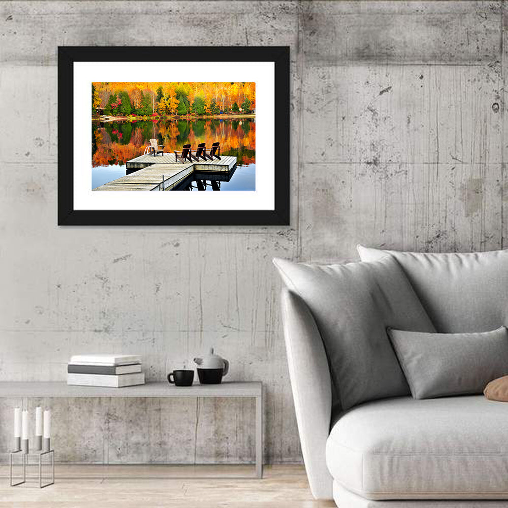 Autumn Lake Dock with Adirondack Chairs Wall Art