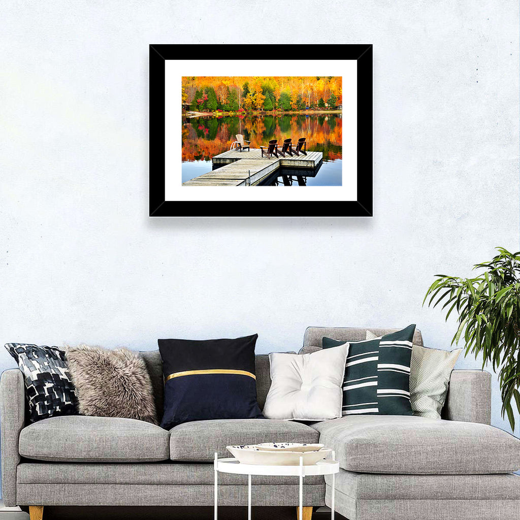 Autumn Lake Dock with Adirondack Chairs Wall Art