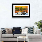 Autumn Lake Dock with Adirondack Chairs Wall Art