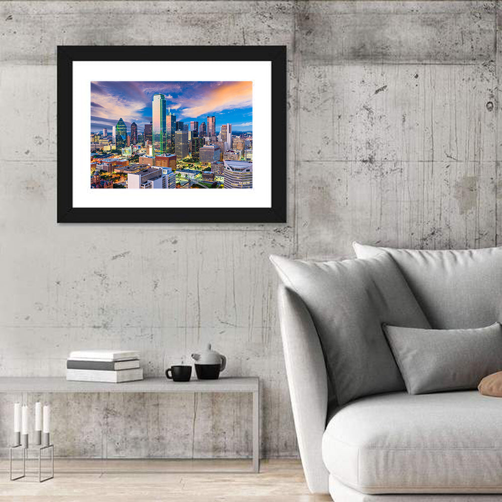 Dallas Twilight Skyline Wall Art in a room, landscape