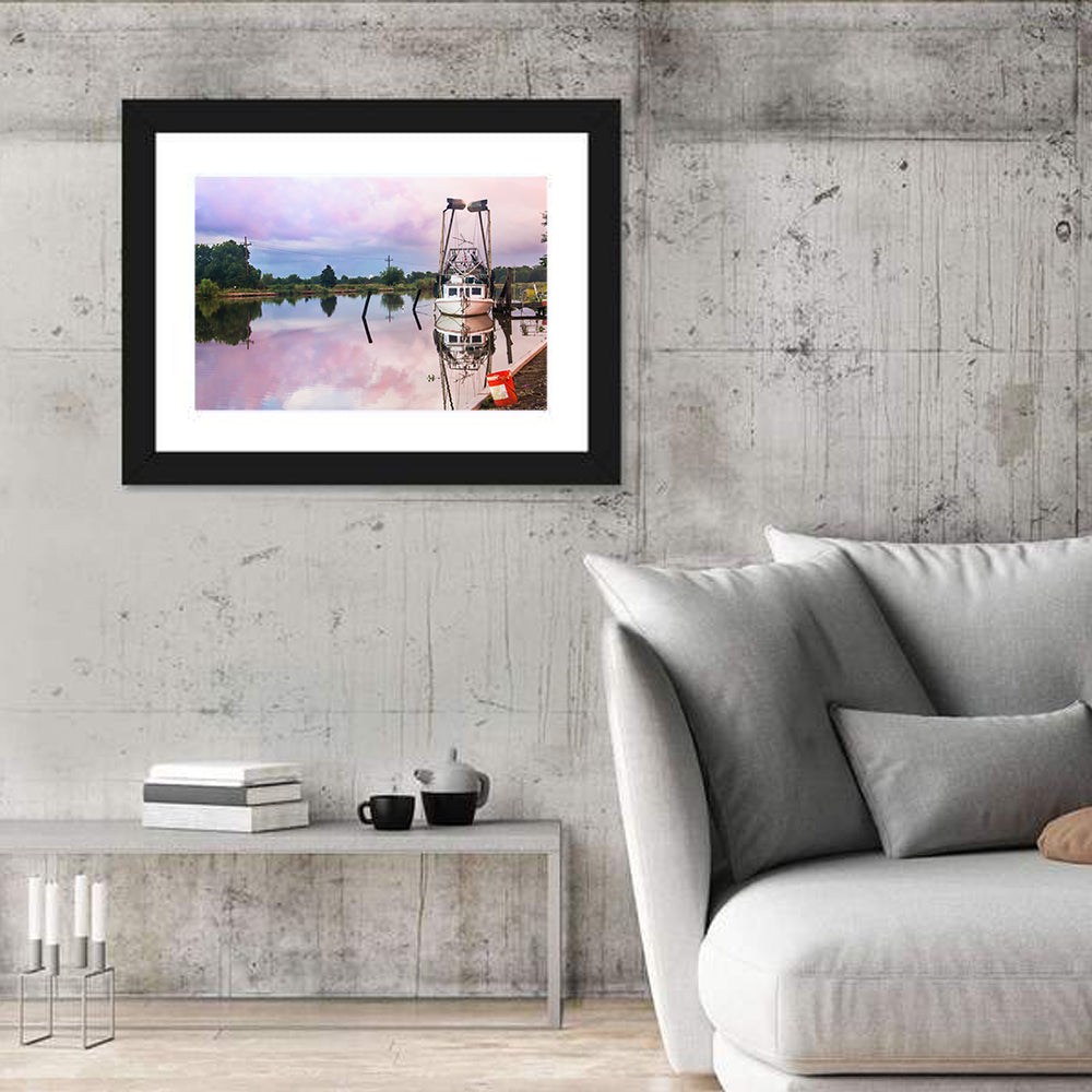 White Shrimp Boat on Louisiana Bayou Wall Art in a room, landscape