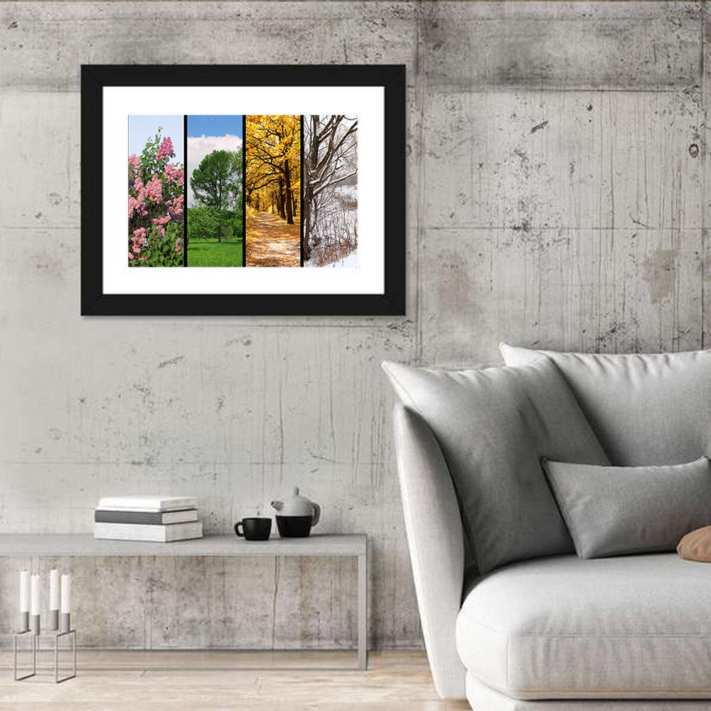 Four Seasons Tree Collage Wall Art in a room, landscape