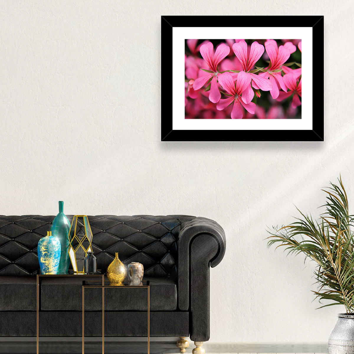 Pink Geranium Close Up Wall Art in a room, landscape