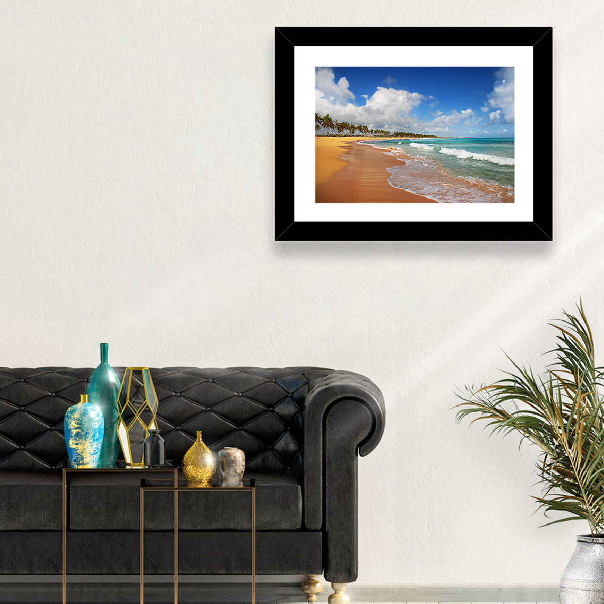 Palm Lined Tropical Coast Wall Art in a room, landscape