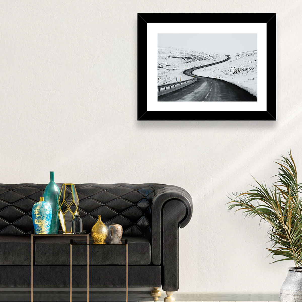 Winding Snow Road with Yellow Markers Wall Art in a room, landscape