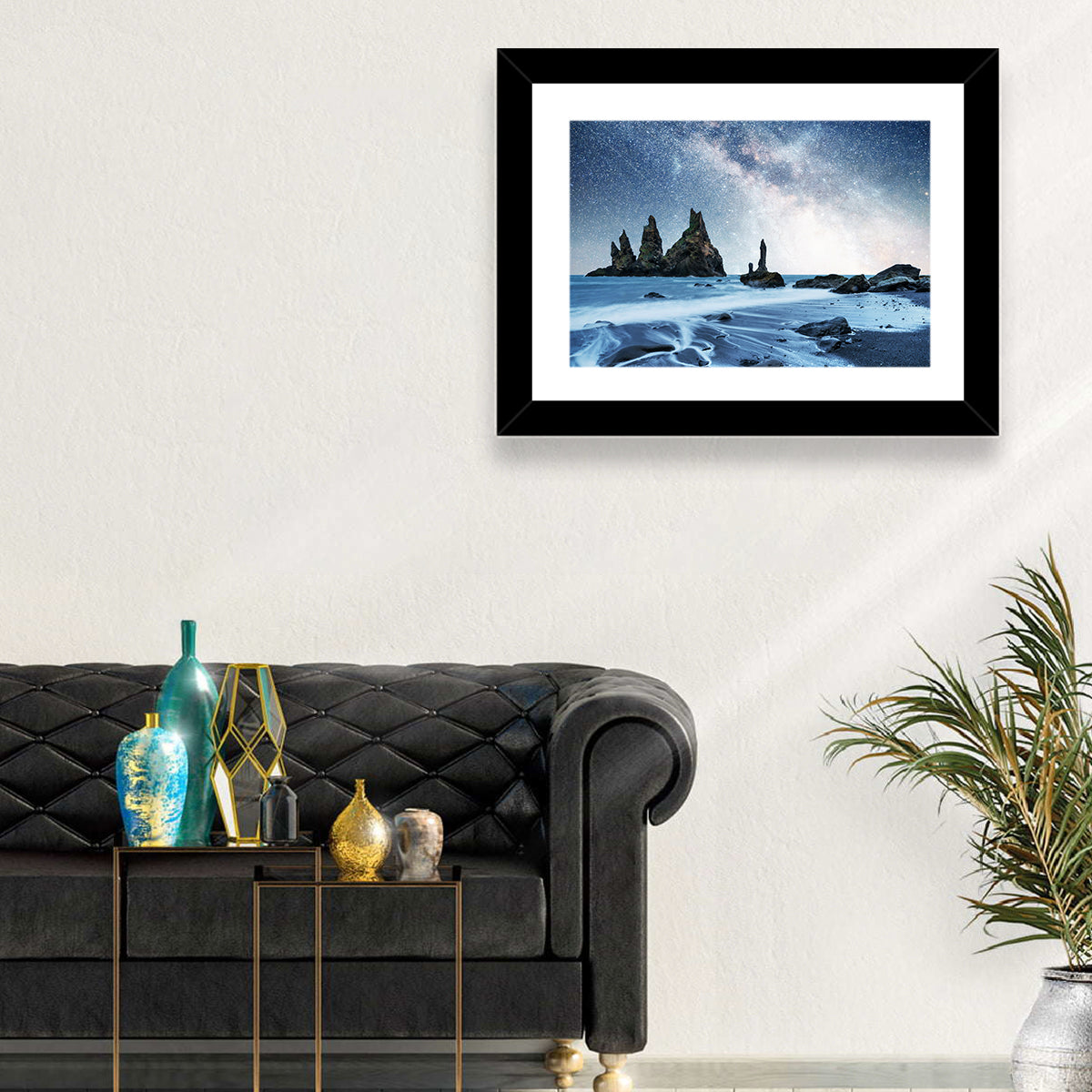 Reynisdrangar Sea Stacks Night Wall Art in a room, landscape