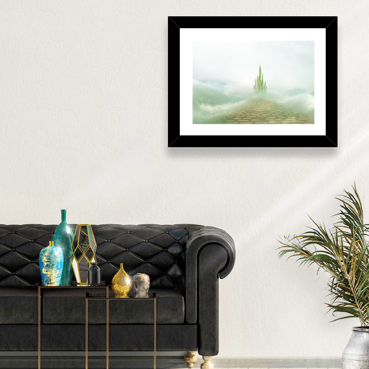 Cobblestone Path to Emerald Castle Wall Art in a room, landscape